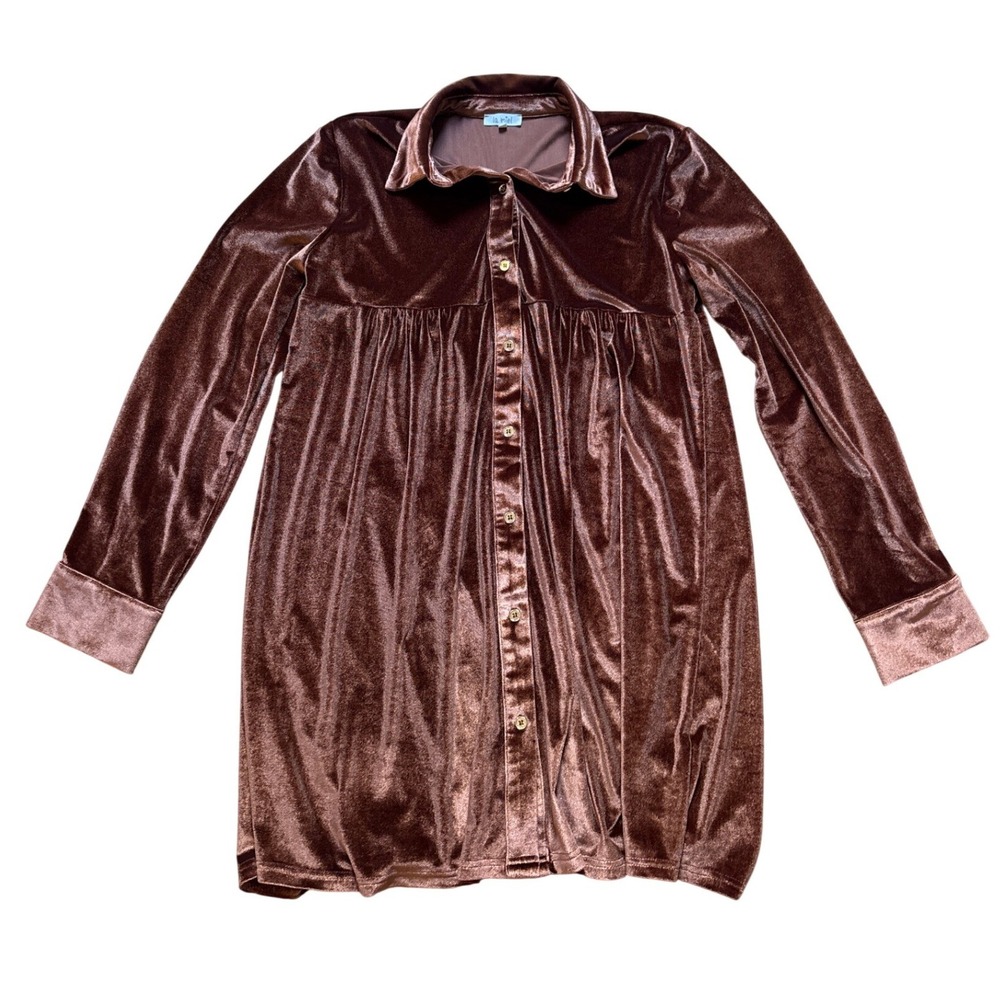 La Miel Velvet Button Down Dress Womens Brown Excellent Long Sleeve Mini SIZE M